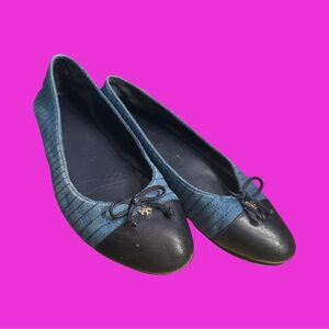 Tory Burch Leather & Quilted Denim Cap-Toe Ballet Flats US 8M - Leather Sole !!